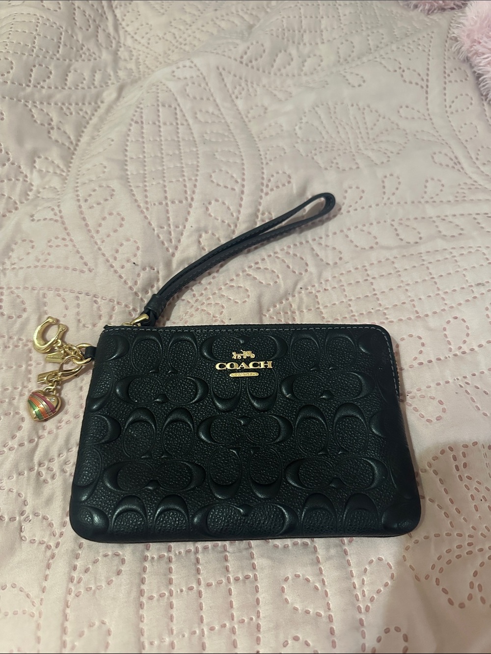 Coach Black Embossed Signature Leather Wristlet with Gold Charms